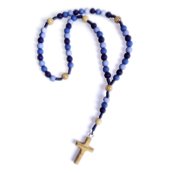 Rosenkranz mit blauen Acrylperlen und Olivenholzkreuz