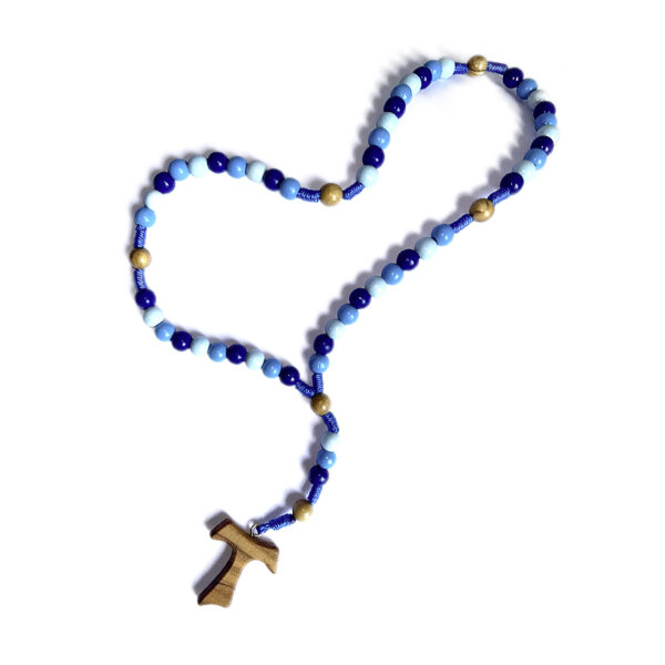 Rosenkranz mit blauen Holzperlen und Olivenholzkreuz