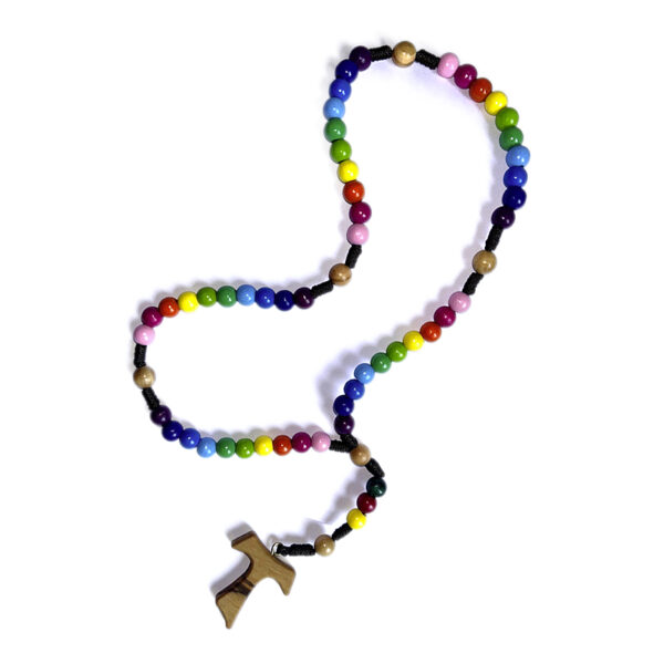 Rosenkranz mit Regenbogen Holzperlen und Olivenholzkreuz